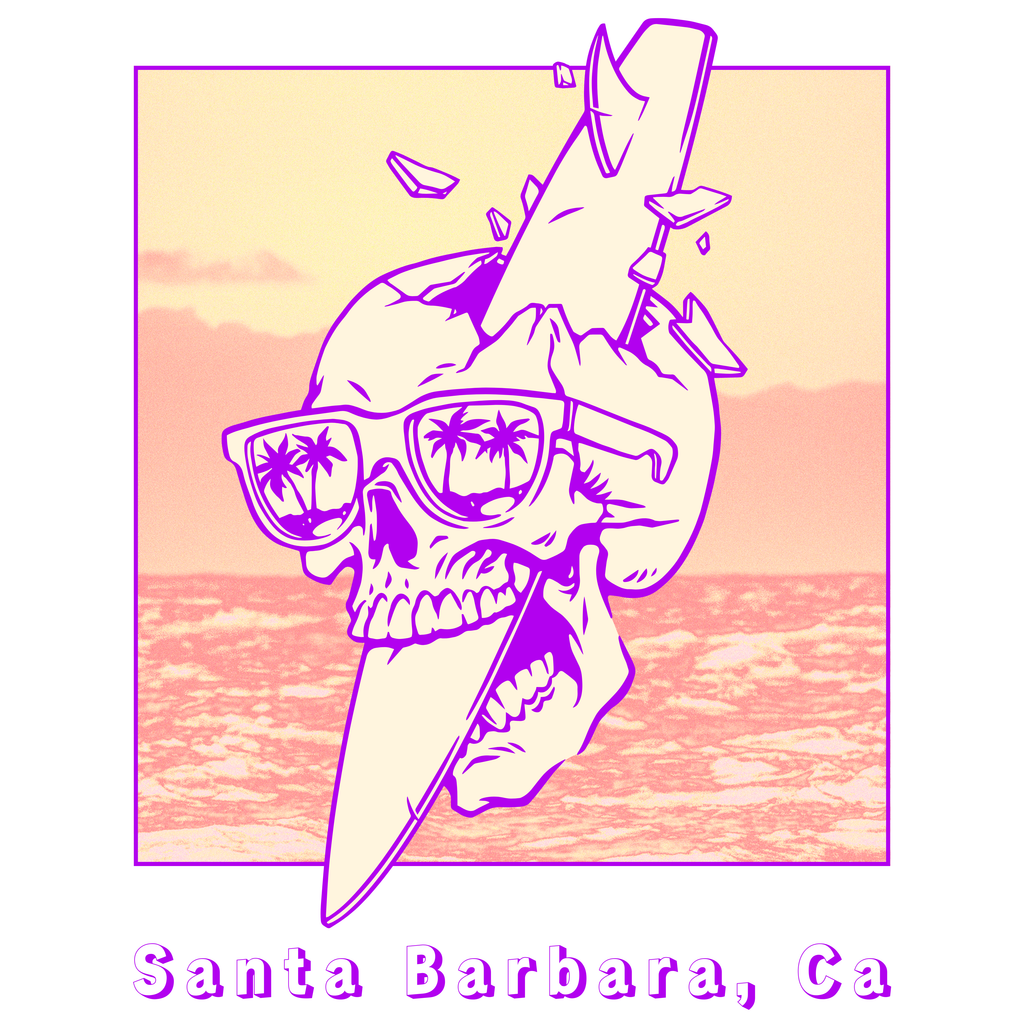 Santa Barbara Skull Surfboard T-Shirt | Retro Beach Graphic