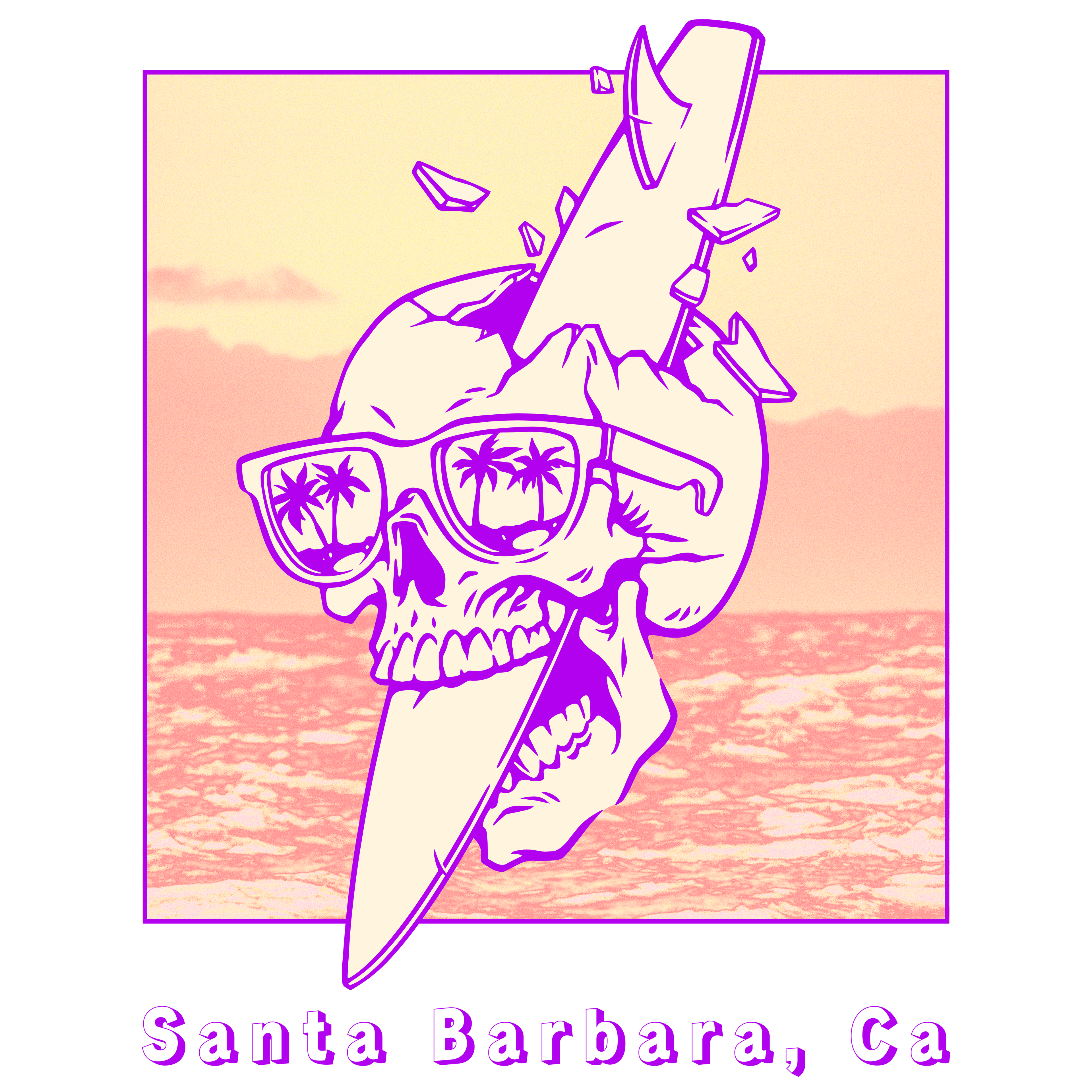 Santa Barbara Skull Surfboard T-Shirt | Retro Beach Graphic