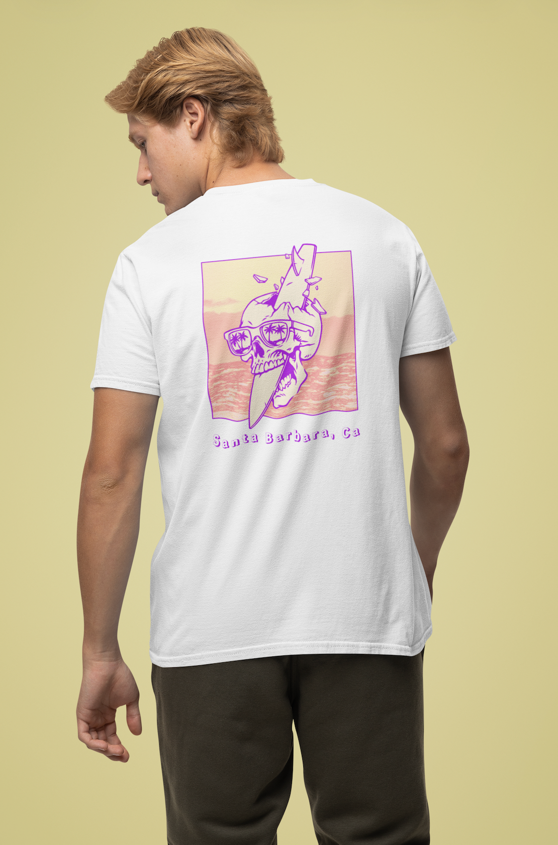 Santa Barbara Skull Surfboard T-Shirt | Retro Beach Graphic