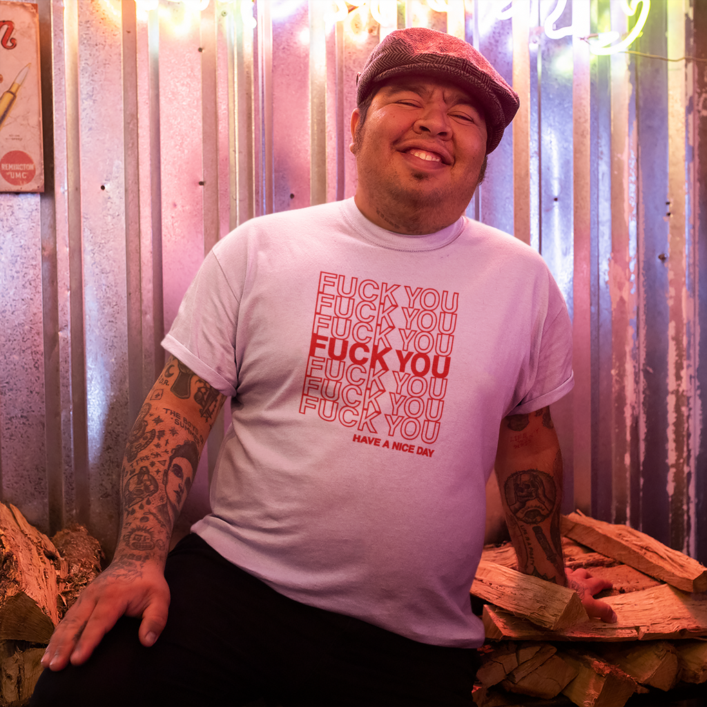 Fuck You Thank You Shopping Bag Tee | Bold Typography Statement Shirt